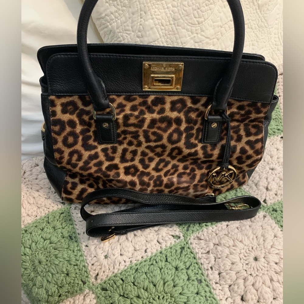Michael Kors Leopard Calf Hair Tote Bag with Black Leather & Gold Accents - Picture 7 of 16